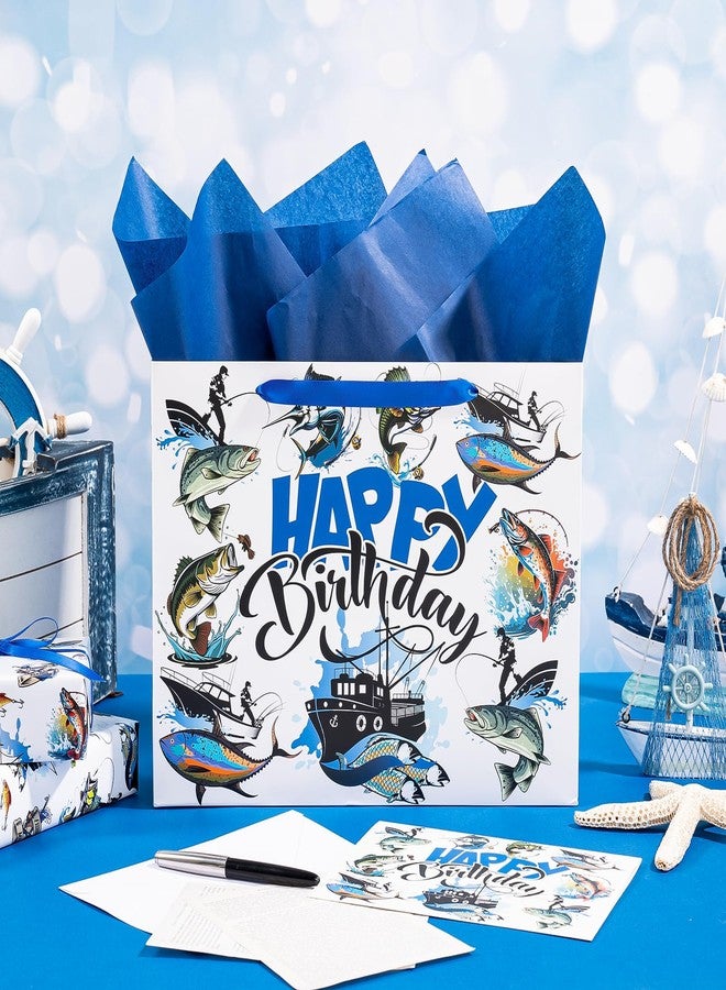 WRAPAHOLIC 13" Adventure Fishing Birthday Gift Bag with Card and Tissue Paper - Navy Blue Fish and Angler Design Paper Bags for Men Birthday Fishing Lovers - Image 4